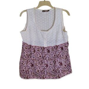 Prana Tank Top Size XL Cream Eyelet Lace & Pink Floral Bird Print Organic Cotton